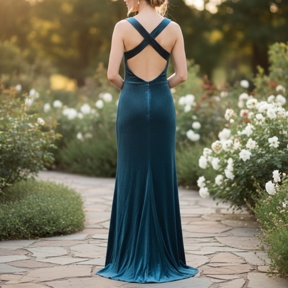 REVELRY Asher Velvet Dress Front Slit Cross Back Desert Blue